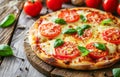 Delicious Homemade Margherita Pizza Topped With Fresh Basil and Tomatoes on a Wooden Table Royalty Free Stock Photo