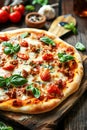 Delicious Homemade Margherita Pizza Topped With Fresh Basil and Tomatoes on a Wooden Table Royalty Free Stock Photo