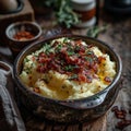 Delicious homemade mashed potatoes with bacon and herbs Royalty Free Stock Photo