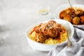 Delicious homemade meat balls in tomato sauce with spaghetti. Royalty Free Stock Photo