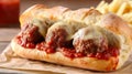 Delicious homemade meatball sandwich with marinara sauce and melted provolone cheese. Traditional American lunch