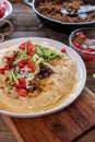 Mexican pancakes with meat and vegetables on a wooden table Royalty Free Stock Photo