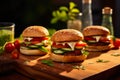 Delicious Homemade Mini Burgers on Timber Surface.