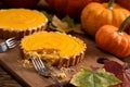 Delicious homemade open pumpkin pies being eaten with forks on r