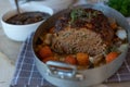 Homemade meatloaf with root vegetables in a roasting pan