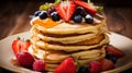 Delicious homemade pancakes with fresh berries and maple syrup for breakfast, copy space available Royalty Free Stock Photo