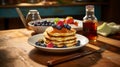Delicious homemade pancakes with fresh berries and maple syrup for breakfast, copy space available Royalty Free Stock Photo