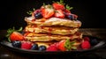 Delicious homemade pancakes with fresh berries and maple syrup for breakfast, copy space available Royalty Free Stock Photo