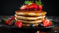 Delicious homemade pancakes with fresh berries and maple syrup for breakfast, free copy space Royalty Free Stock Photo