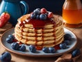 Delicious homemade pancakes with strawberries, blueberries and syrup on plate Royalty Free Stock Photo