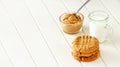 Delicious homemade peanut butter cookies with mug of milk. Healthy snack or tasty breakfast concept. Banner size. Royalty Free Stock Photo