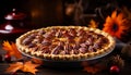 Delicious homemade pecan pie with a golden, buttery crust on a charming rustic wooden background