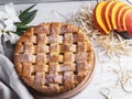 Delicious homemade pie cake with filling pumpkin, close up, cut piece