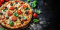 Delicious homemade pizza on black wooden table