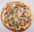 Delicious homemade pizza with tomatoes, sausage, onion, chicken and cheese wooden rustic background top view close up