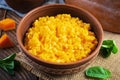 Delicious homemade pumpkin porridge on wooden background. Healthy vegan food Royalty Free Stock Photo