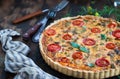 Delicious homemade quiche lorraine with chicken, tomato, mushrooms and cheese Royalty Free Stock Photo