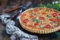 Delicious homemade quiche lorraine with chicken, tomato and cheese Royalty Free Stock Photo