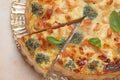 Delicious homemade quiche with salmon and broccoli on beige table, top view Royalty Free Stock Photo