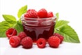 Delicious homemade raspberry jam with fresh berries on white background, perfect for text placement Royalty Free Stock Photo