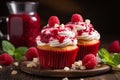 Delicious homemade raspberry muffins on blurred background with copy space for text placement Royalty Free Stock Photo