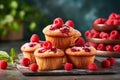 Delicious homemade raspberry muffins on blurred background with copy space for text placement Royalty Free Stock Photo