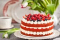 Delicious homemade red velvet cake decorated with cream and fresh berries Royalty Free Stock Photo