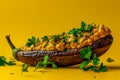 Delicious Homemade Roasted Eggplant with Parsley Garnish on Vibrant Yellow Background