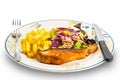 Delicious homemade salmon fish steak with caesar salad and french fried in white ceramic plate Royalty Free Stock Photo