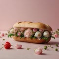 Delicious homemade sandwich with flowers on pastel pink background.