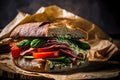 Delicious homemade sandwich with meat close up, Generative AI