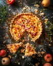 Delicious Homemade Savory Ham and Cheese Tart on Dark Background with Tomatoes and Apples