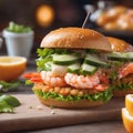 Sandwich with shrimp, cucumber and lettuce on table Royalty Free Stock Photo