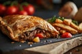 Delicious homemade steak pie with golden crust served with fries