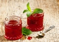 Delicious homemade strawberry jam in a jar, selective focus