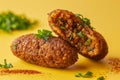 Delicious Homemade Stuffed Kibbeh with Minced Meat, Pine Nuts, and Spices on Yellow Background with Garnish