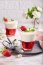 Layered dessert in glass with vanilla panna cotta and jelly with strawberries