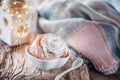 Delicious homemade sweet buns with cinnamon and icing sugar Christmas at the old wooden table. Traditional Swedish pastries, Royalty Free Stock Photo