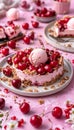Delicious homemade sweet cherry cake and cherry pie slice with vanilla ice cream ball