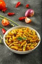 Bolw of delicious vegan pasta.Healthy meal.top view. Royalty Free Stock Photo