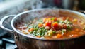 Delicious Homemade Vegetable Soup in Pot with Steam, Healthy Vegetarian Meal Cooking on Stove Royalty Free Stock Photo