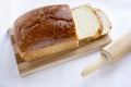 Delicious homemade white bread on wood cutting board selected focus