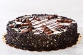 Delicious homemade whole cake with mascarpone cream, chocolate sprinkles and melted chocolate topping on a wooden rustic table Royalty Free Stock Photo