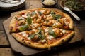 Delicious homemade whole shrimp pizza on a rustic wooden table. AI generated. Selective focus