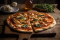 Delicious homemade whole shrimp pizza on a rustic wooden table. AI generated. Selective focus