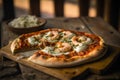 Delicious homemade whole shrimp pizza on a rustic wooden table. AI generated. Selective focus