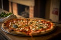 Delicious homemade whole shrimp pizza on a rustic wooden table. AI generated. Selective focus