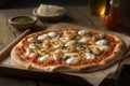 Delicious homemade whole shrimp pizza on a rustic wooden table. AI generated. Selective focus