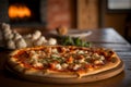 Delicious homemade whole shrimp pizza on a rustic wooden table. AI generated. Selective focus