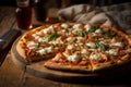 Delicious homemade whole shrimp pizza on a rustic wooden table. AI generated. Selective focus